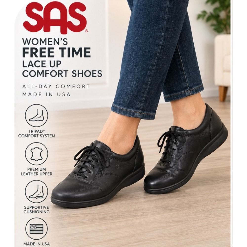 SAS Free Time Black Leather Walking Shoes Womens 8 M Powerstep Insoles